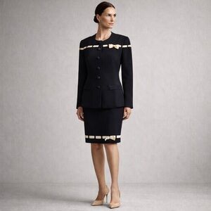Escada Couture Vintage Navy Wool Skirt Suit Ribbon Detail Excellent Size 40 / 10
